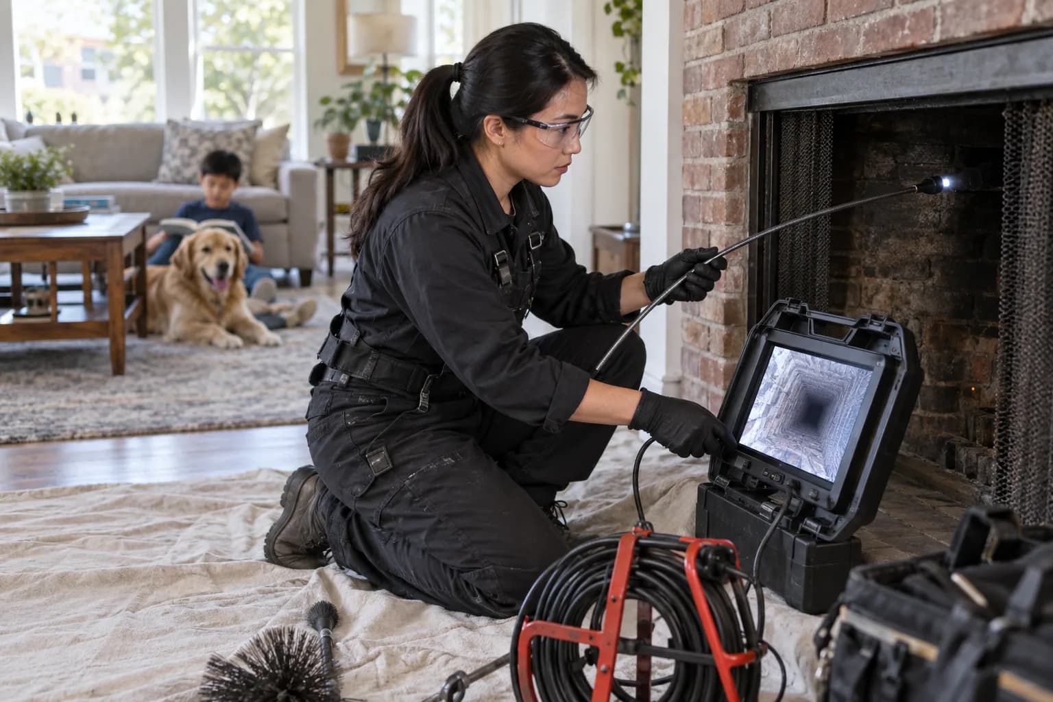Illustrative chimney inspections and camera scans scene