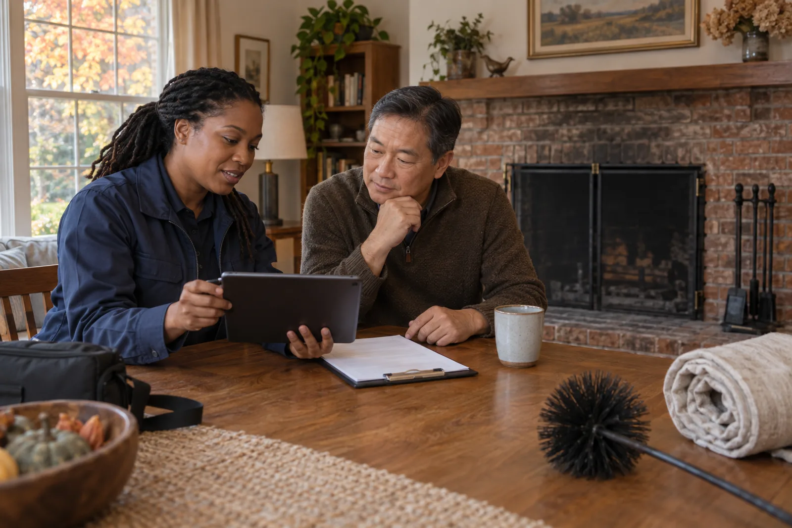 AI illustration of a chimney professional and homeowner discussing an inspection record beside an unlit fireplace