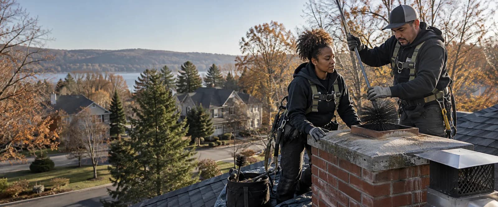 Illustrative chimney sweeping and cleaning scene