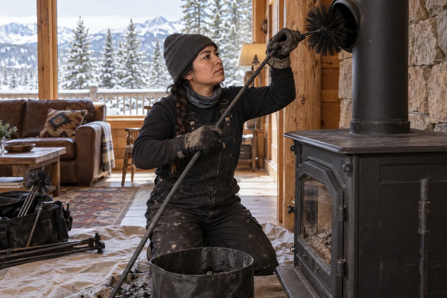 Professional chimney sweep working on a residential chimney